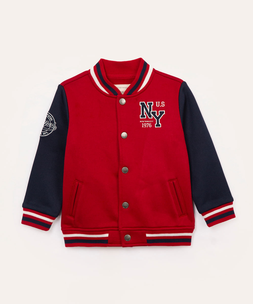 jaqueta bomber de moletom infantil college vermelha