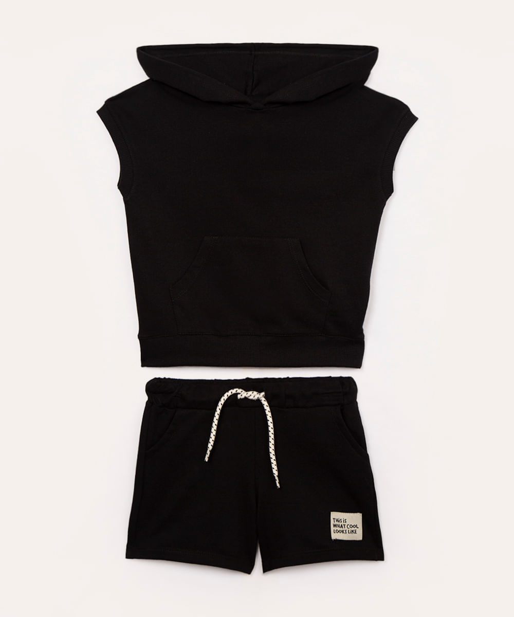 conjunto de moletinho infantil manga curta com capuz preto