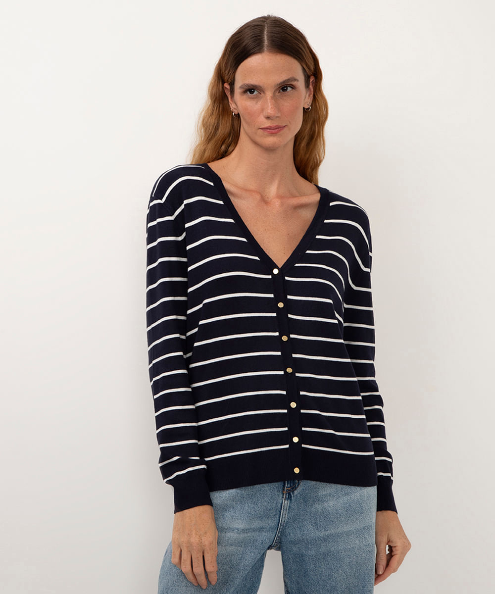 cardigan de tricot listrado com botões azul marinho