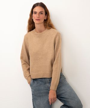 suéter básico cropped de tricô bege