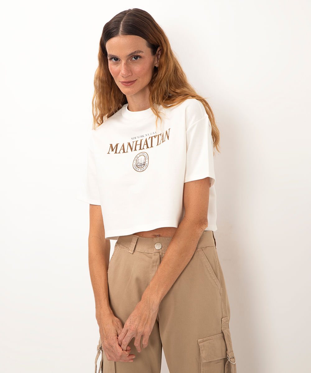 blusa cropped de moletinho manga curta manhattan off white