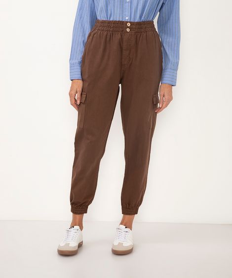 calça de sarja clochard jogger cintura alta marrom