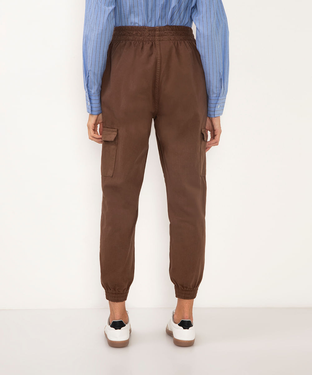 calça de sarja clochard jogger cintura alta marrom