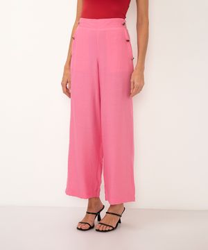 calça de viscose reta cintura alta com botões rosa