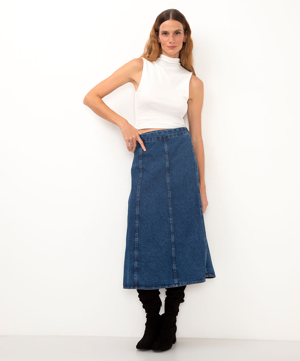 saia midi jeans cintura alta transpassada azul escuro