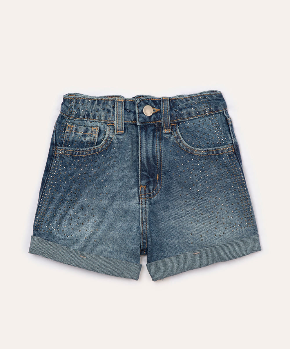 short jeans infantil mom com brilhos azul