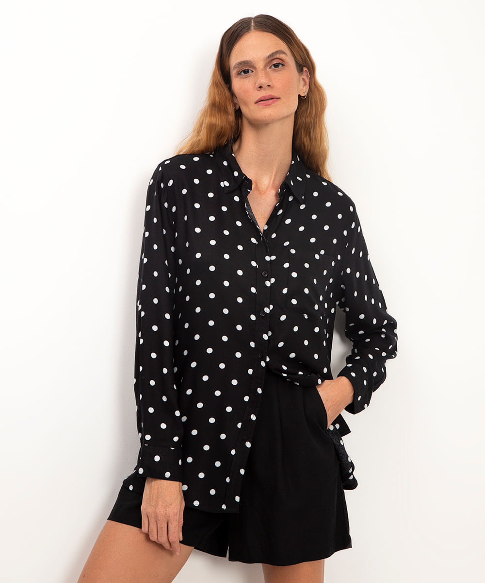 camisa de viscose manga longa poá preto