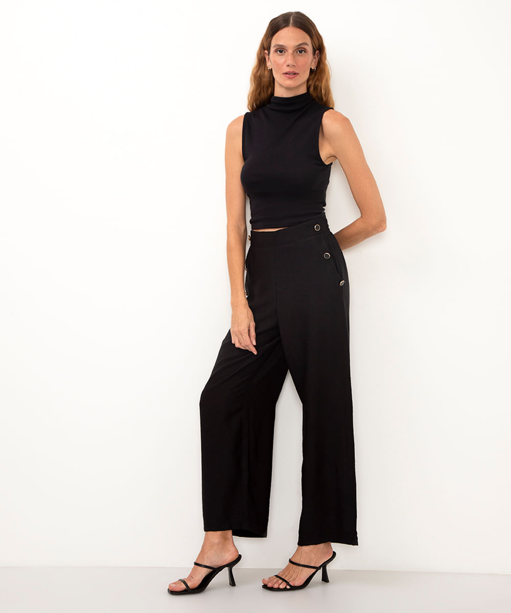 calça de viscose reta cintura alta com botões preto