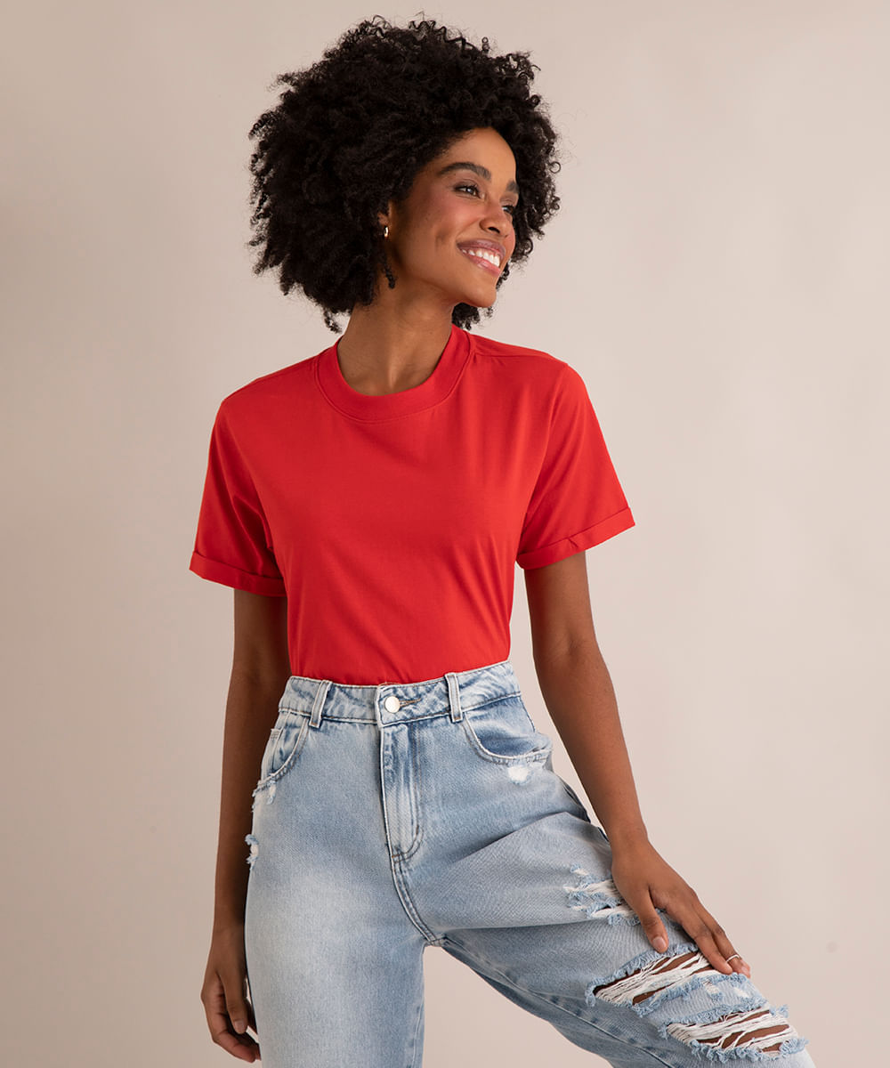 Camiseta de Algodão Básica Manga Curta Decote Redondo  vermelha