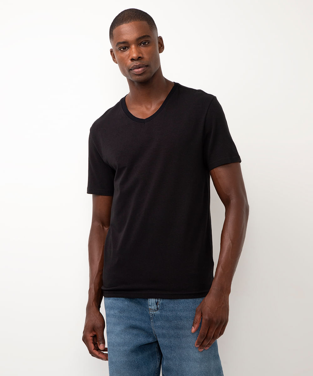 camiseta de algodão manga curta gola V slim preto