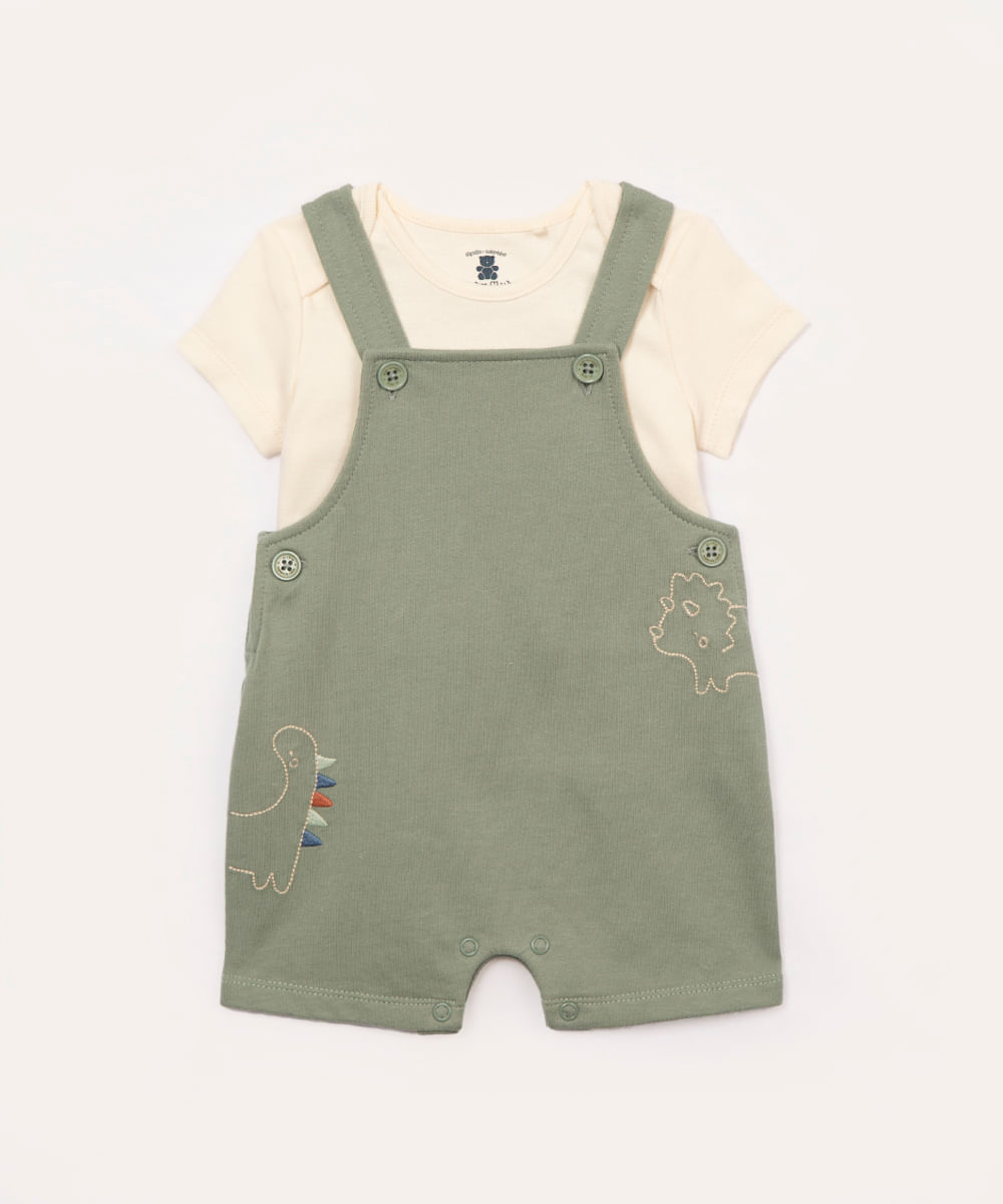 jardineira de plush infantil dinossauro verde