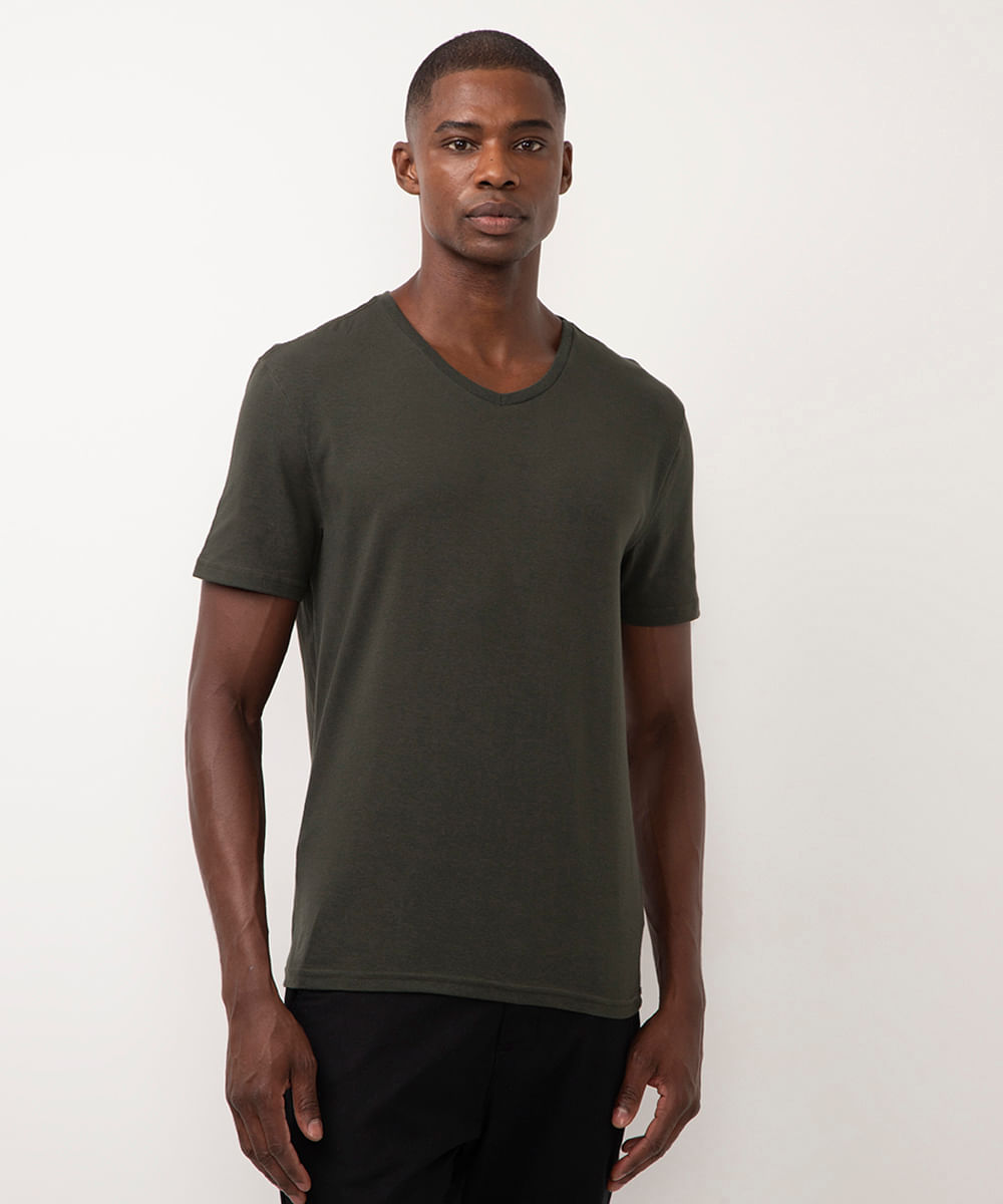 camiseta de algodão manga curta gola V slim verde