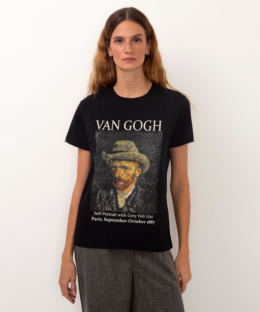 camiseta de algodão manga curta van gogh preto