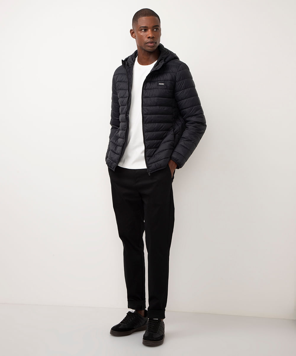 jaqueta puffer manga longa com saquinho preto