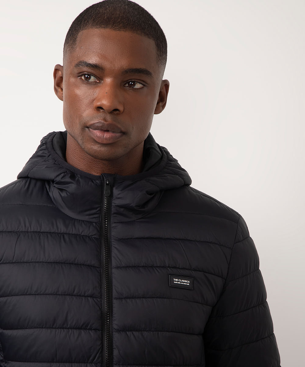 jaqueta puffer manga longa com saquinho preto