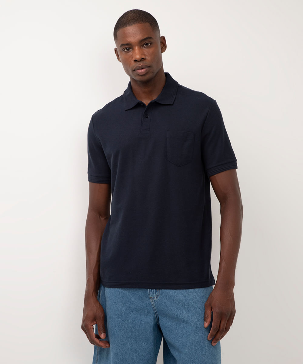 polo de algodão com bolso azul marinho