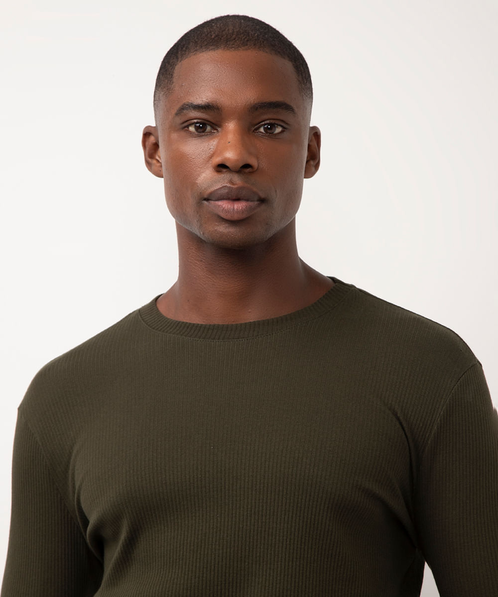 blusa de algodão slim fit manga longa verde militar