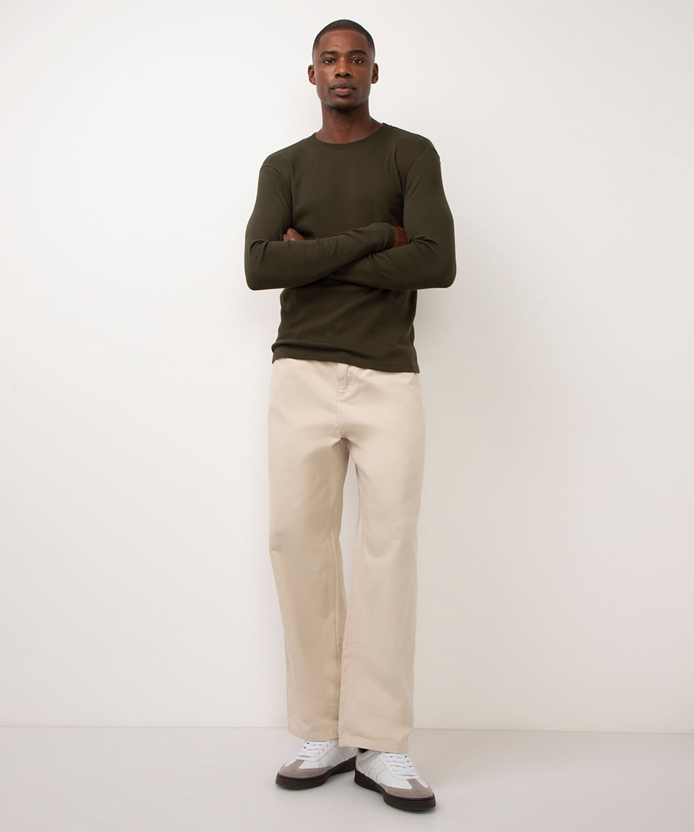 blusa de algodão slim fit manga longa verde militar