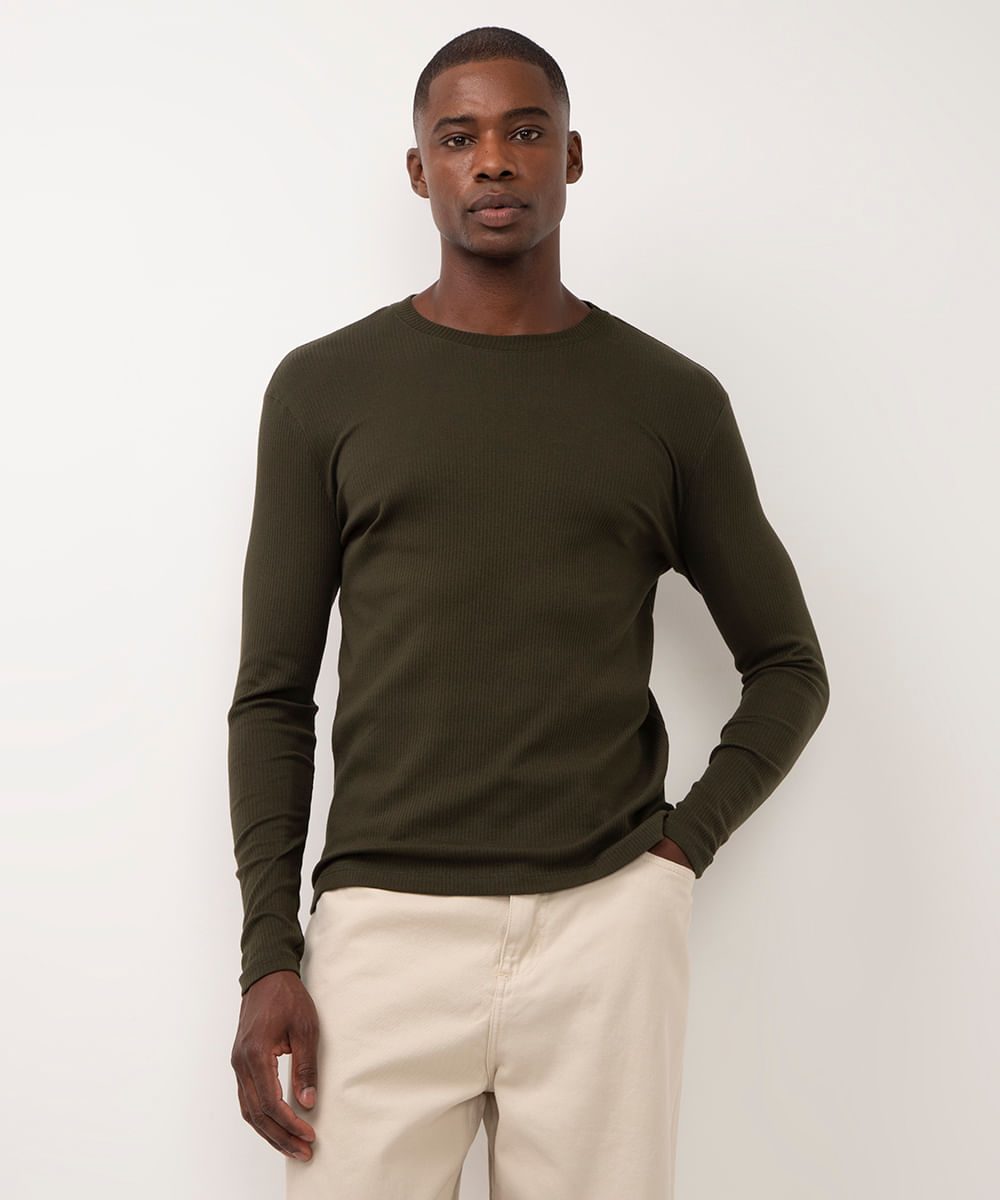 blusa de algodão slim fit manga longa verde militar