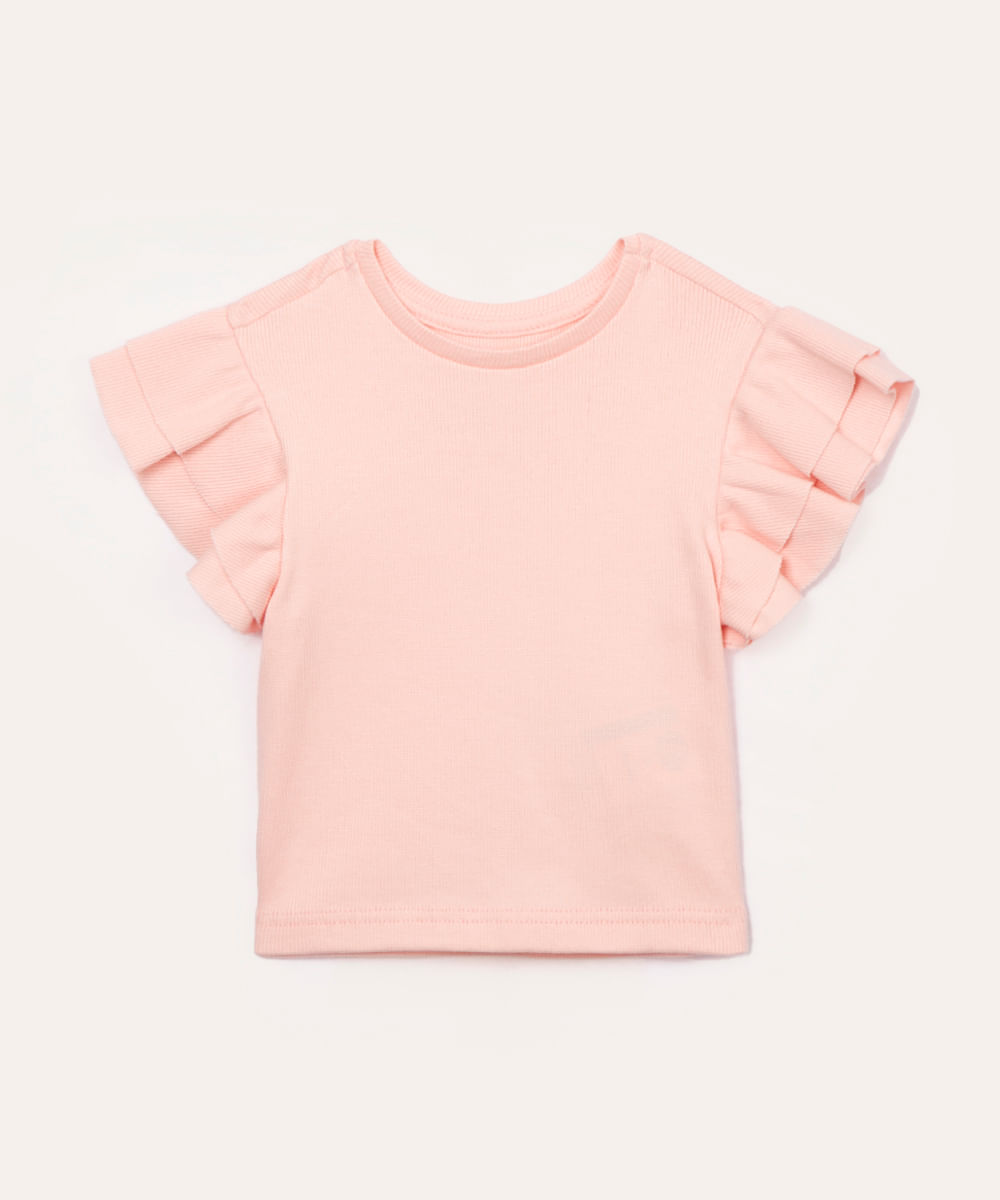 blusa infantil manga curta com babados rosa