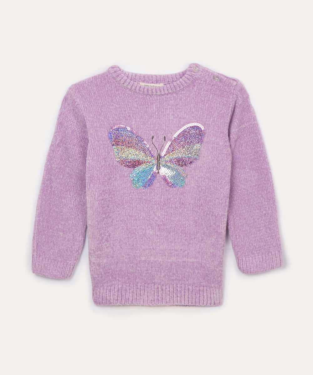 suéter de tricot chenille infantil borboleta com paetê lilás