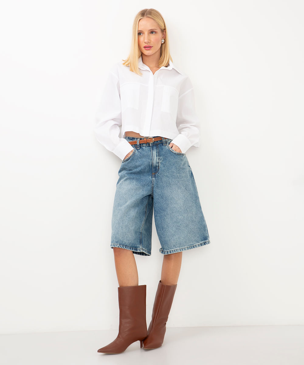 camisa cropped manga longa com bolsos off white