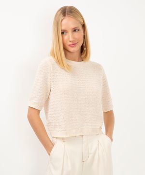 blusa cropped de tricot texturizado bege