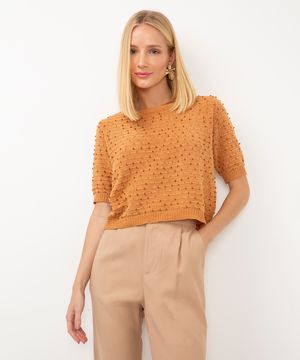 blusa cropped de tricot texturizado - caramelo