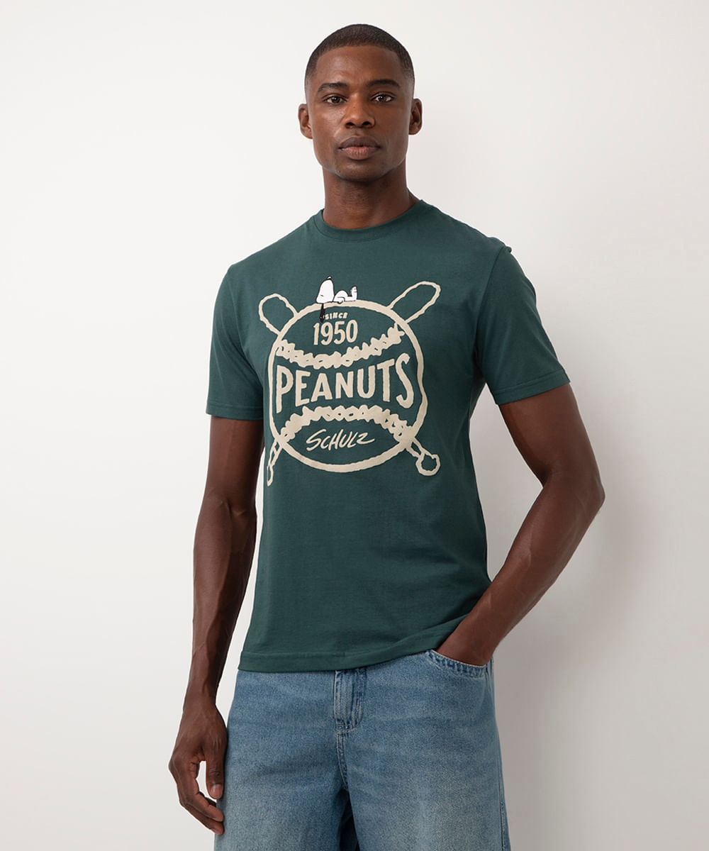 camiseta de algodão manga curta snoopy peanuts verde