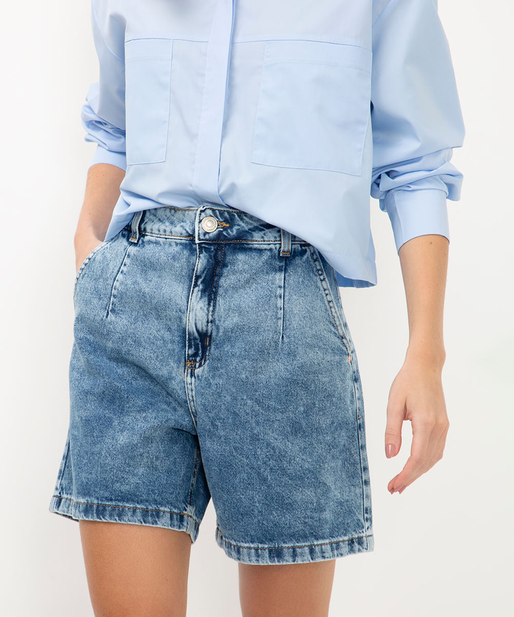 bermuda jeans mom cintura super alta azul