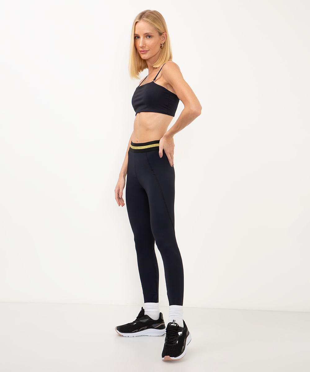 calça legging cintura ata com brilho esportiva preta