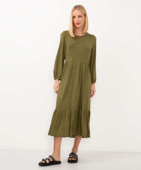 vestido midi de viscose poá verde militar