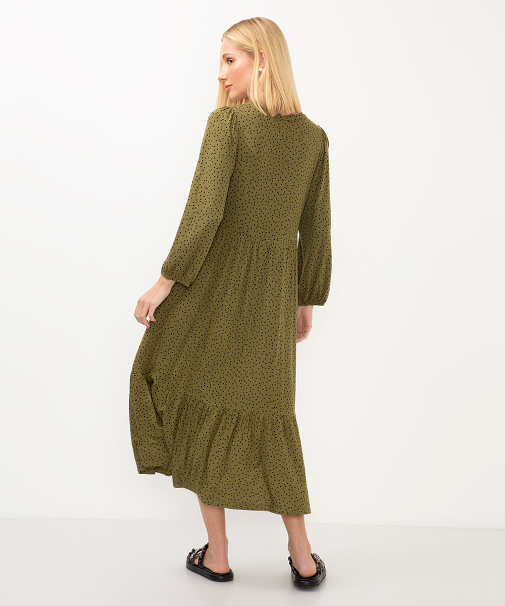 vestido midi de viscose poá verde militar