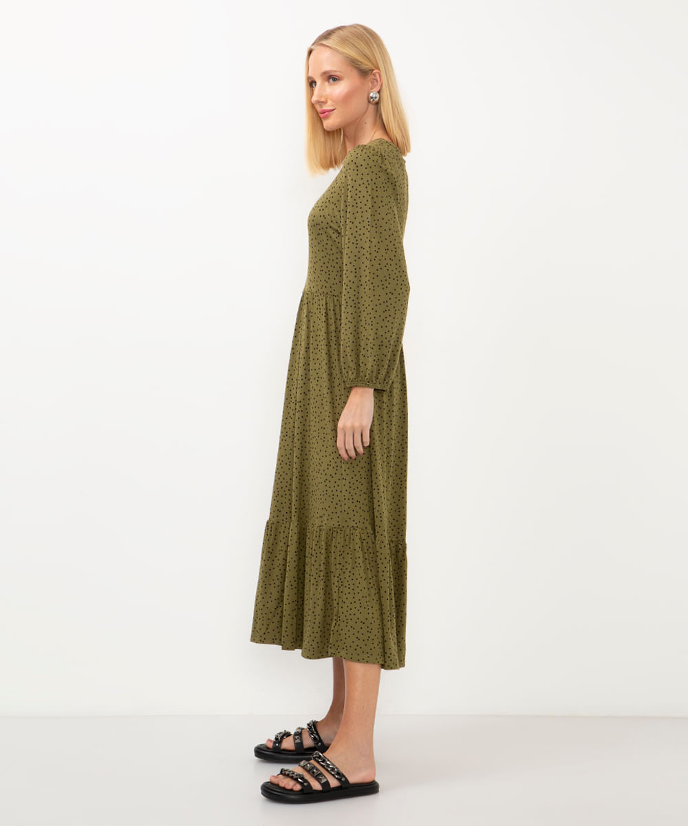 vestido midi de viscose poá verde militar