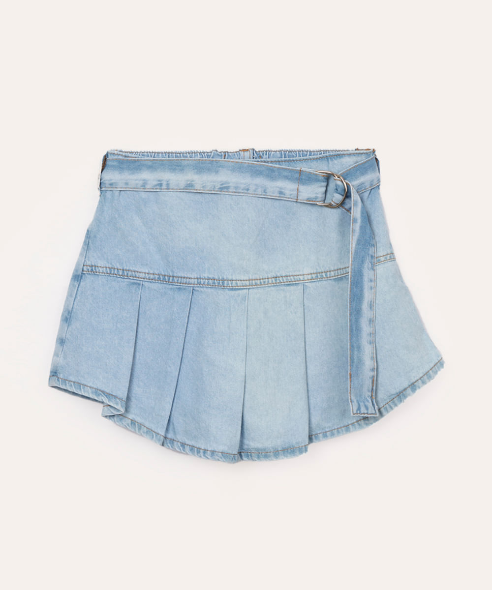 short saia jeans infantil com cinto azul