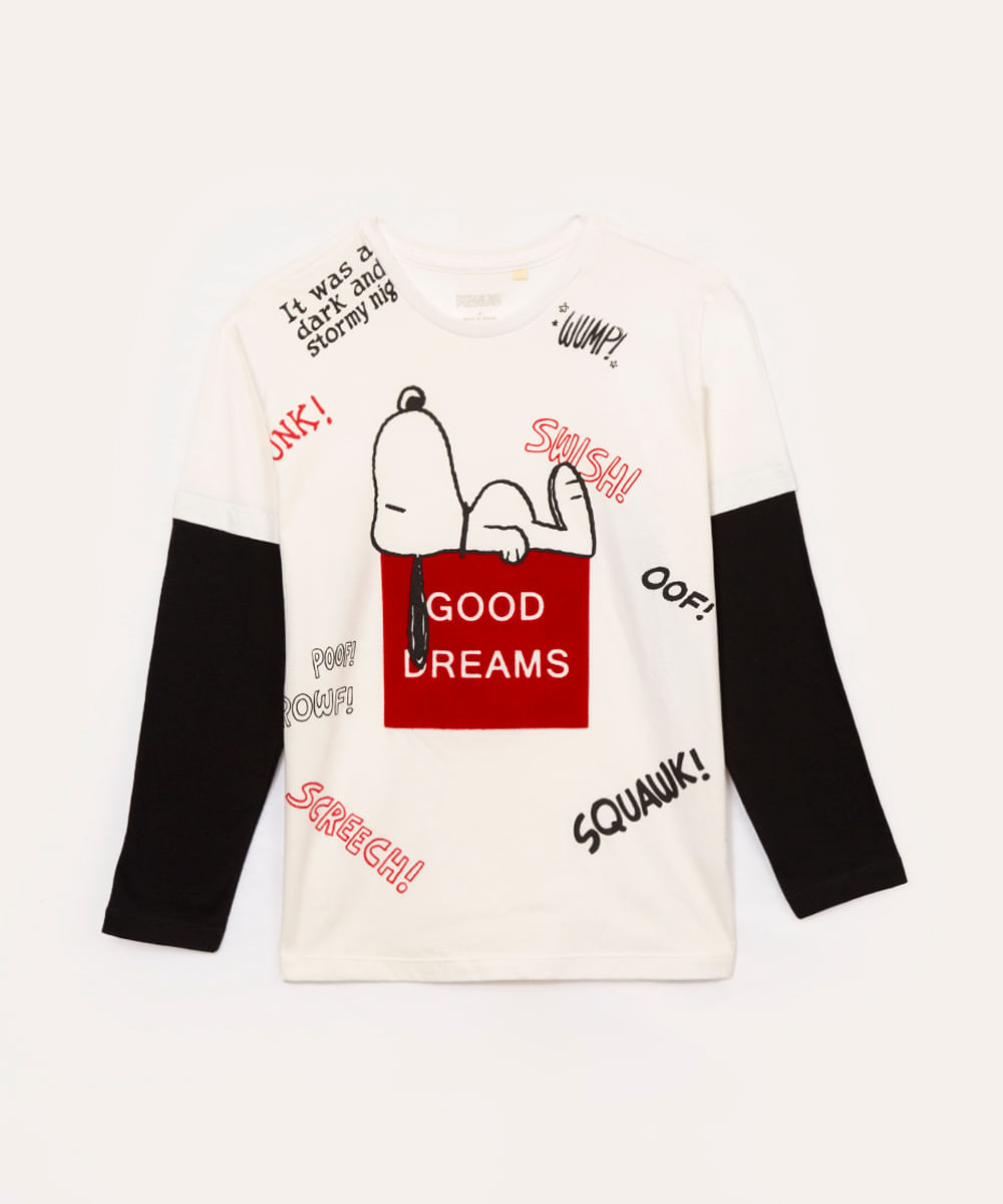 camiseta infantil manga longa snoopy com recorte preta
