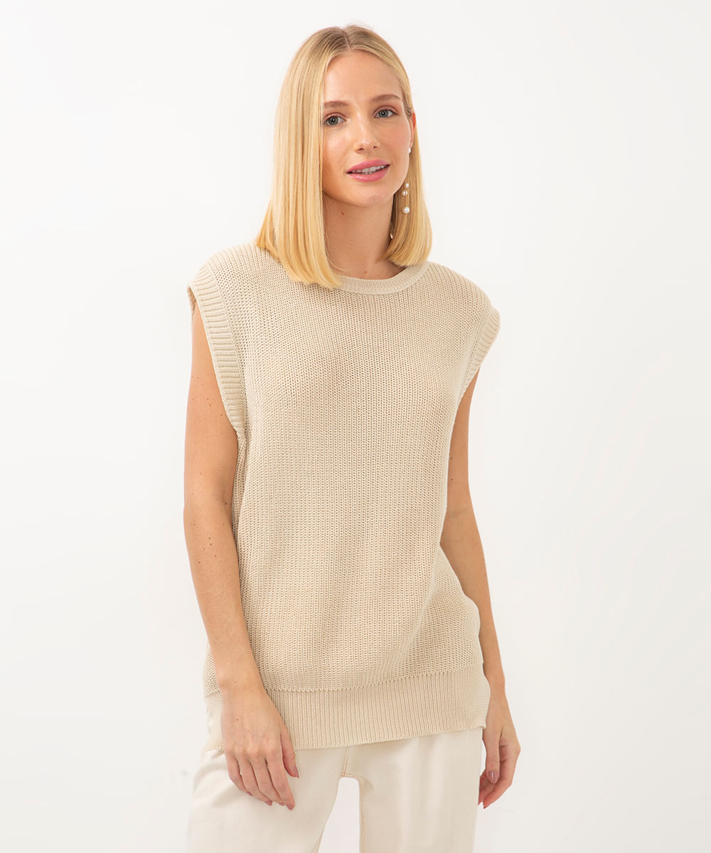 túnica de tricot cavada bege