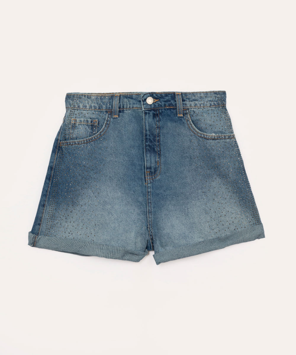 short jeans juvenil com brilho azul