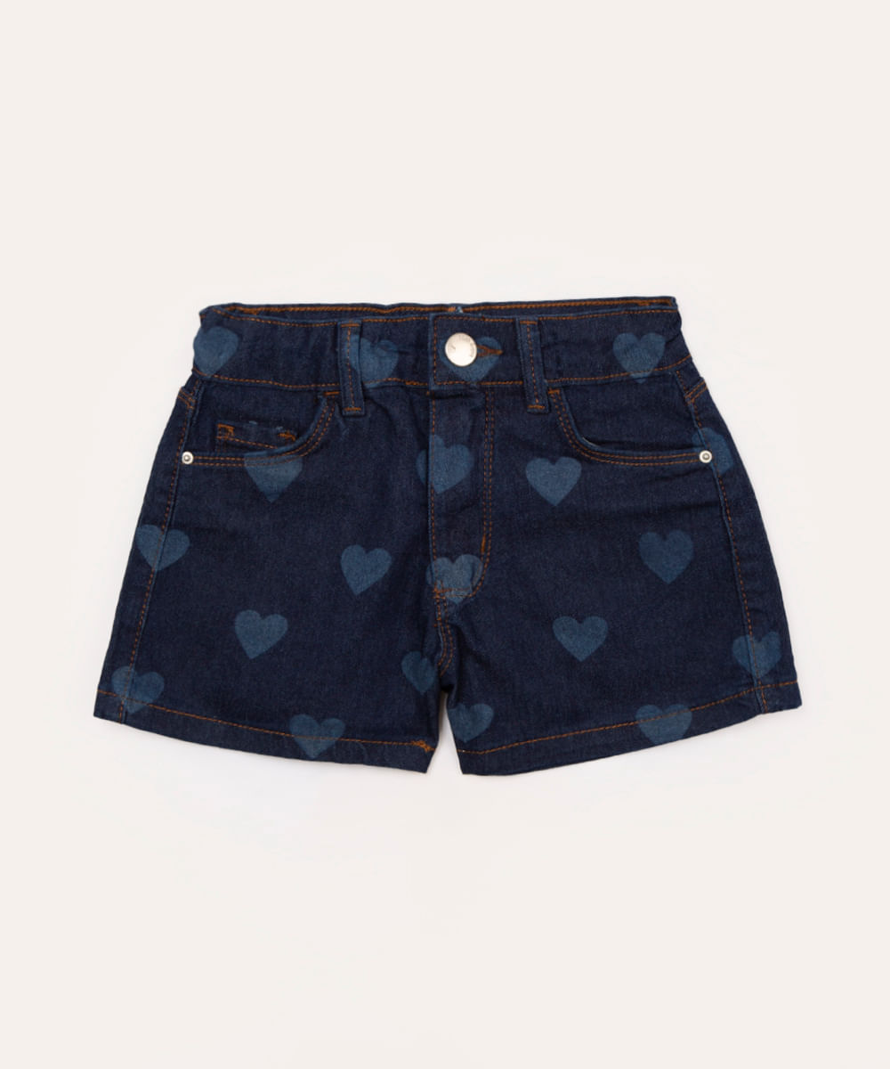 short jeans infantil corações azul escuro