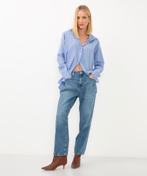 calça jeans reta comfort cintura super alta azul escuro