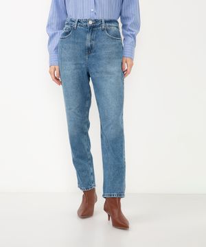 calça jeans reta comfort cintura super alta azul escuro