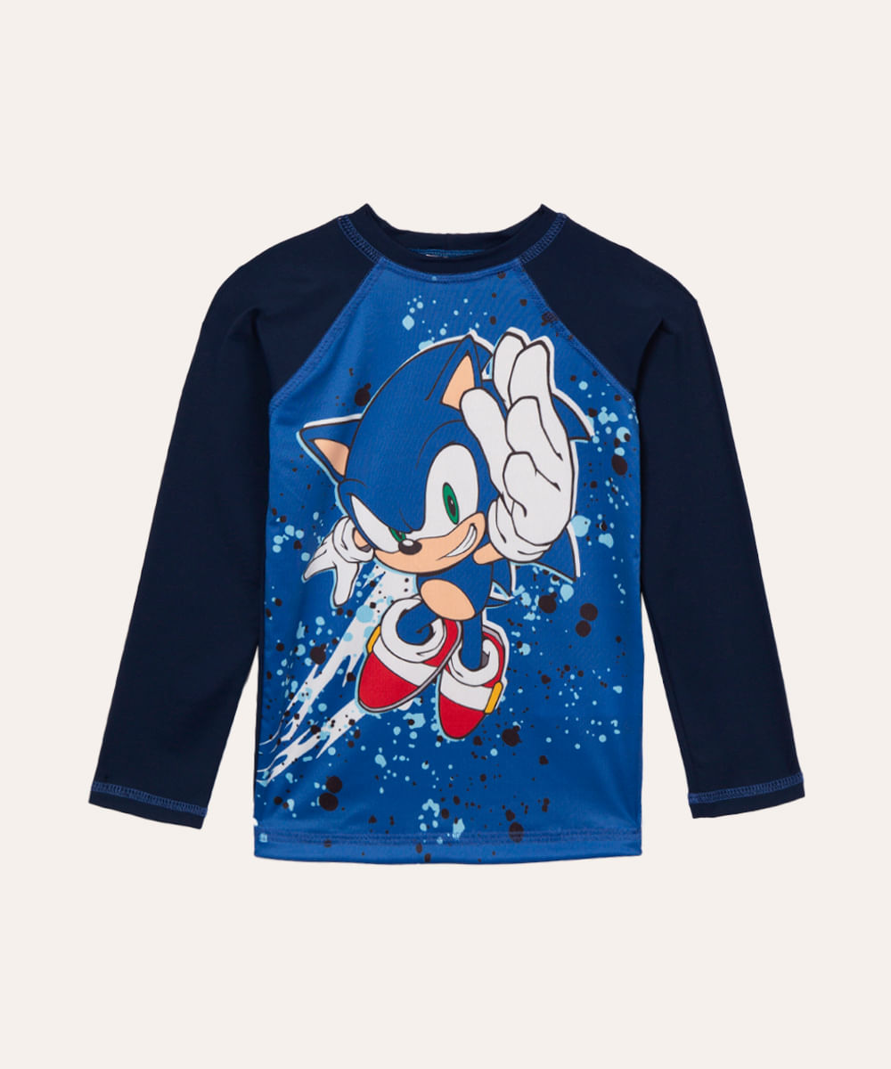camiseta infantil sonic proteção uv azul marinho