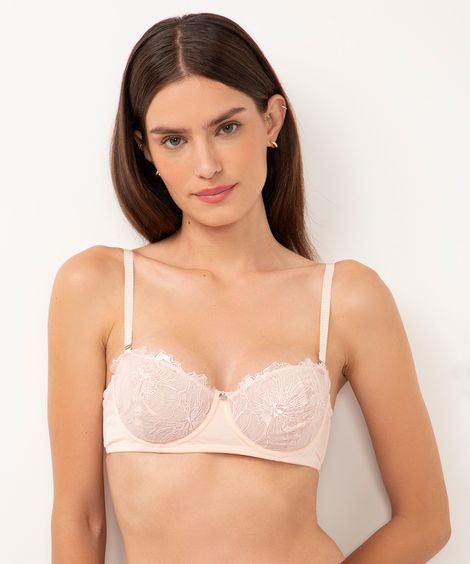sutiã meia taça sem bojo com tule e bordado rosa