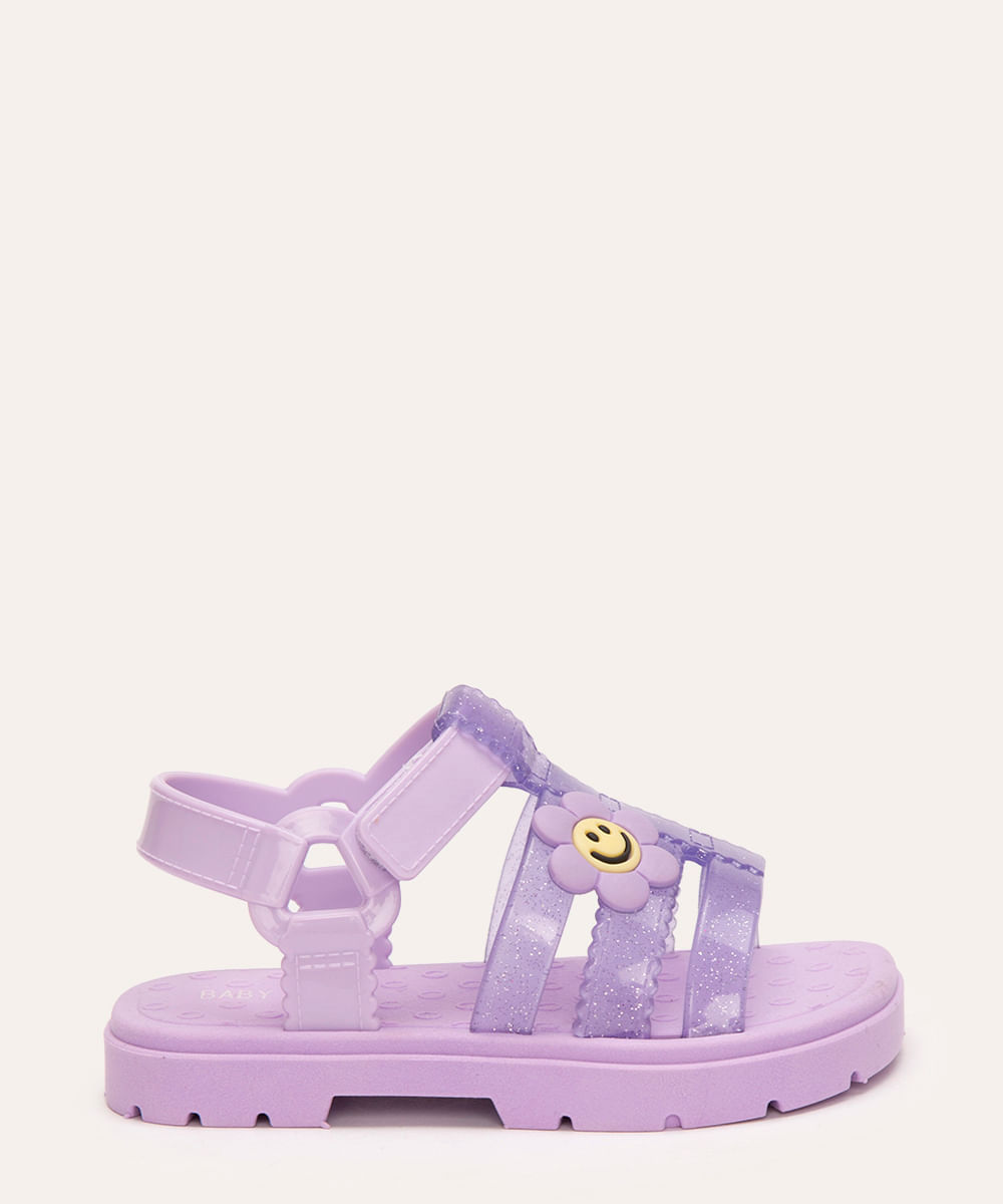 sandália infantil floral com brilho lilás