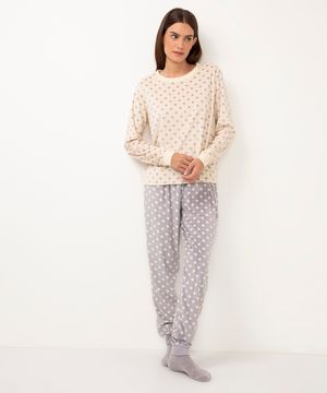 pijama de plush manga longa poá bege