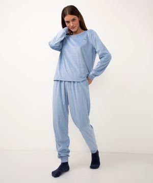 pijama de plush manga longa cozy vibes azul