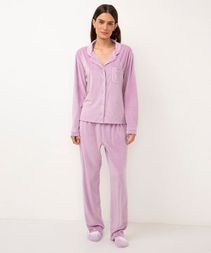 pijama americano longo de plush com bolso lilás