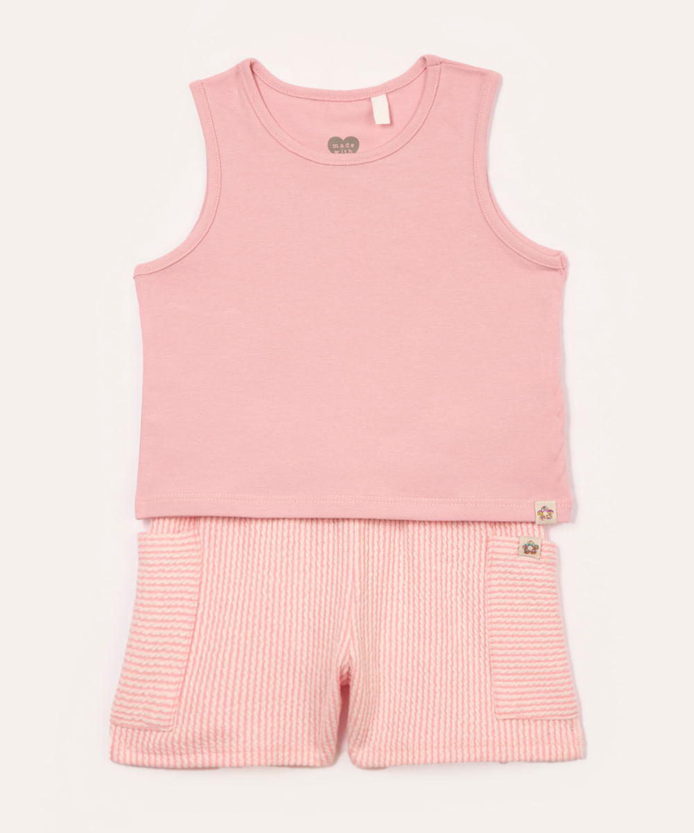 conjunto de algodão infantil com textura e bolso rosa claro
