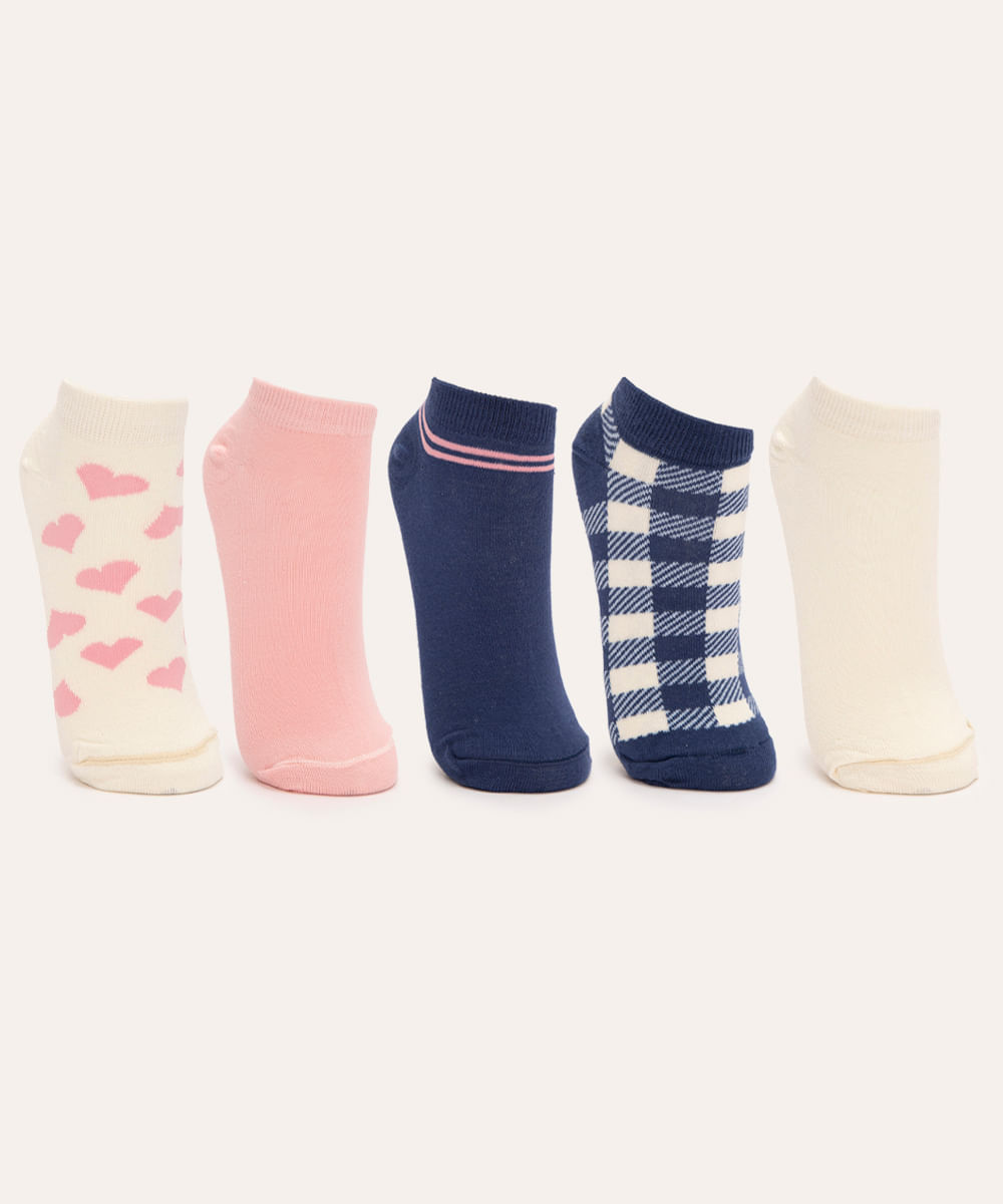 kit de 5 pares de meias cano baixo xadrez e corações colorido