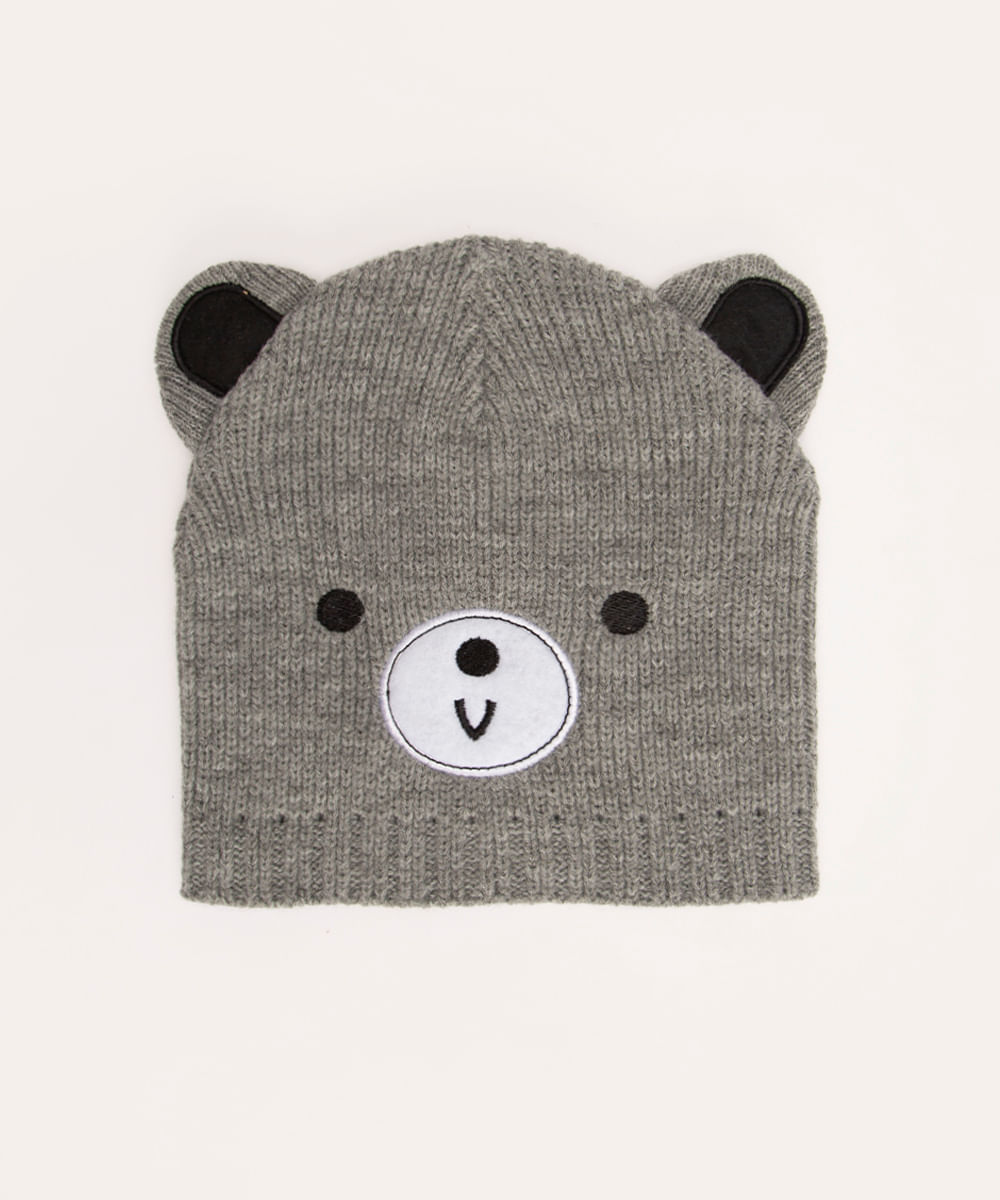 gorro de tricot infantil urso cinza